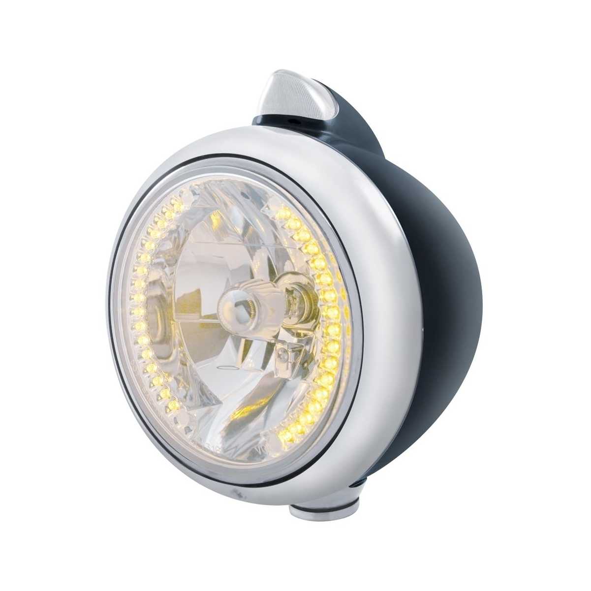 Chrome "GUIDE" Headlight w/ Crystal H4 Bulb and Amber LED/Clear Lens