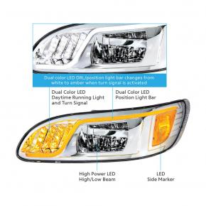 Chrome High Power LED Headlight with LED Turn Signal, LED Position Light, and LED Daytime Running Light for Peterbilt - Passenger Side