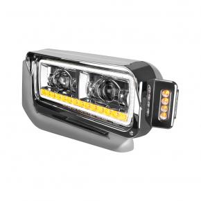 High Power LED Projection Headlight with Mounting Arm and Turn Signal in Chrome for Driver Side