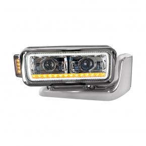 High Power LED Projection Headlight with Mounting Arm and Turn Signal in Chrome for Passenger Side