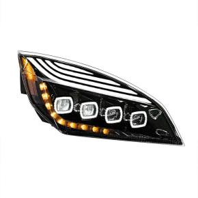 Quad-LED Headlight with LED DRL and Sequential Turn Signal for 2018-2023 Freightliner Cascadia in Black for Passenger Side
