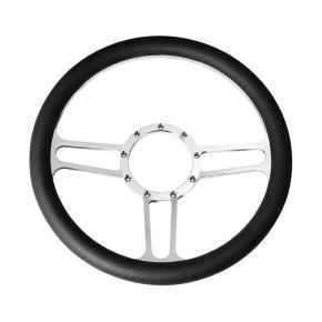 14 Inch Chrome Aluminum 3-Spoke Style 9-Screw Mount Steering Wheel with Black Leather Grip