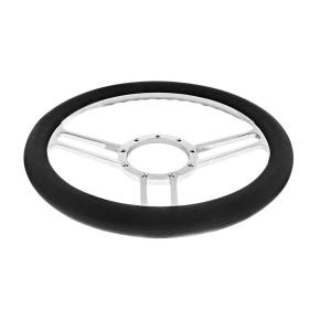 14 Inch Chrome Aluminum 3-Spoke Style 9-Screw Mount Steering Wheel with Black Leather Grip