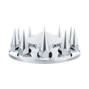 Pointed Front Axle Cover with 33mm x 4-3/4 Inch Super Spike Push-On Lug Nut Covers in Chrome