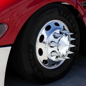 Pointed Front Axle Cover with 33mm x 4-3/4 Inch Super Spike Push-On Lug Nut Covers in Chrome