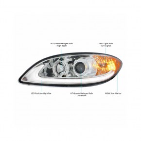 Projection Headlight with LED Light Bar for 2006-2017 International Prostar - Chrome - Driver