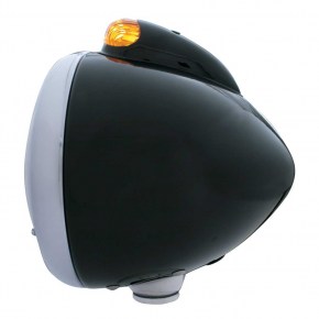 Black Guide 682-C Style Headlight with H4 Halogen Glass Bulb and Dual Mode LED Signal - Amber Lens
