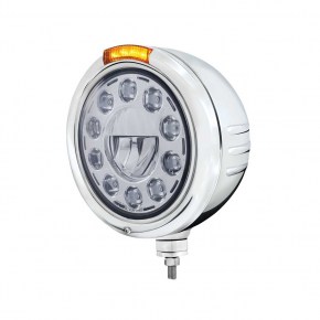 Classic Embossed Peterbilt Headlight, 11 LED, Stainless - Amber LED/Amber Lens
