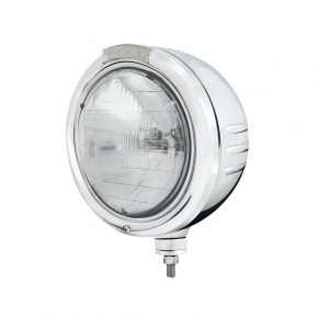 Classic Embossed Peterbilt Headlight, H6024 Bulb, Stainless-Amber LED/Clear Lens