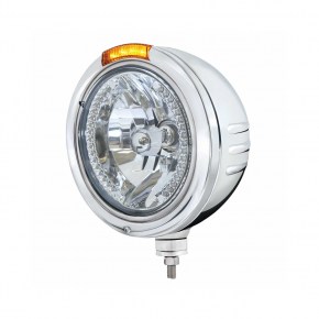 Bullet Embossed Peterbilt Headlight, 34 Amber LED, Stainless - Amber LED/Lens
