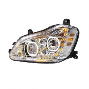 LED Headlight with White Halo Light for 2013-2021 Kenworth T680 - Chrome - Driver