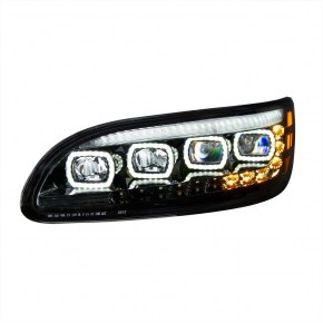 Black Quad-LED Headlight with LED Position & Sequel Turn Signal for Peterbilt 386, 387, 382, 384 - Driver Side